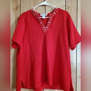 Red Textured Top with Embellished Neckline